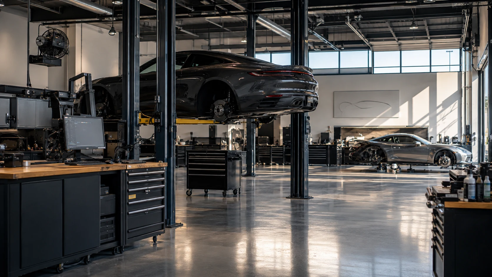Detailaufnahme eines Fahrzeugs in einer professionellen Werkstattumgebung